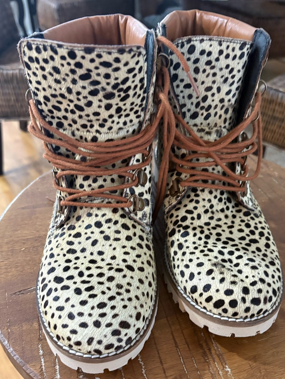 Leopard-Print Lace-Up Ankle Boots in Cream and Black